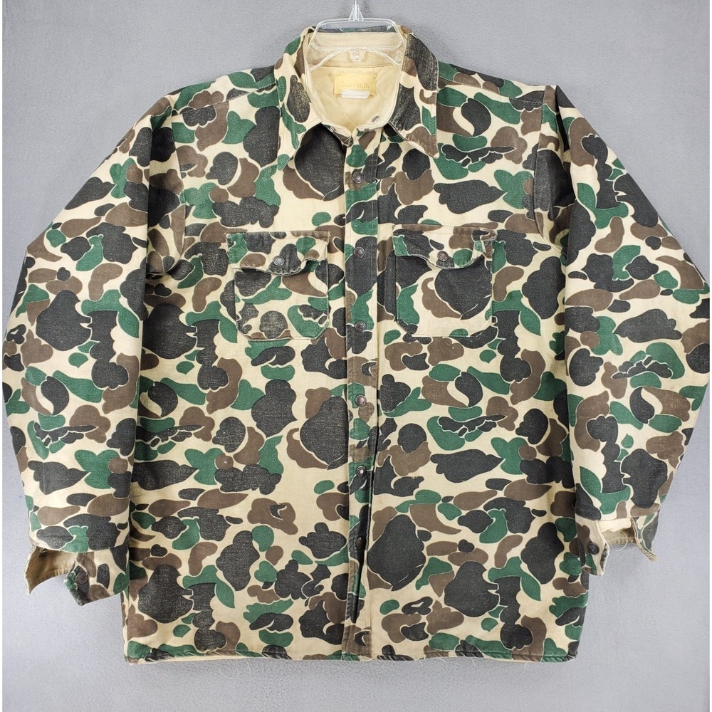 Vintage 70s 80s Melton‎ Deerskin Quilt Lined Duck Camo Flannel Shirt Large Tall